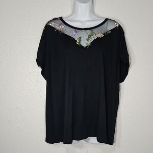 Lane Bryant Black Crew Neck Floral & Butterfly Embroidered Sheer Panel Top 18W
